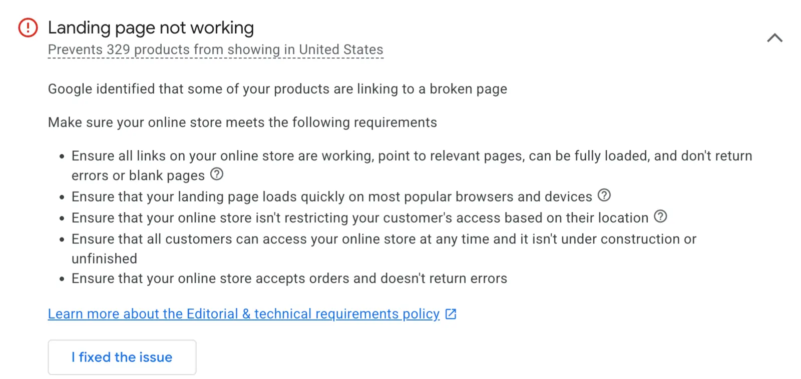 GMC warning: landing page not working, 329 products blocked