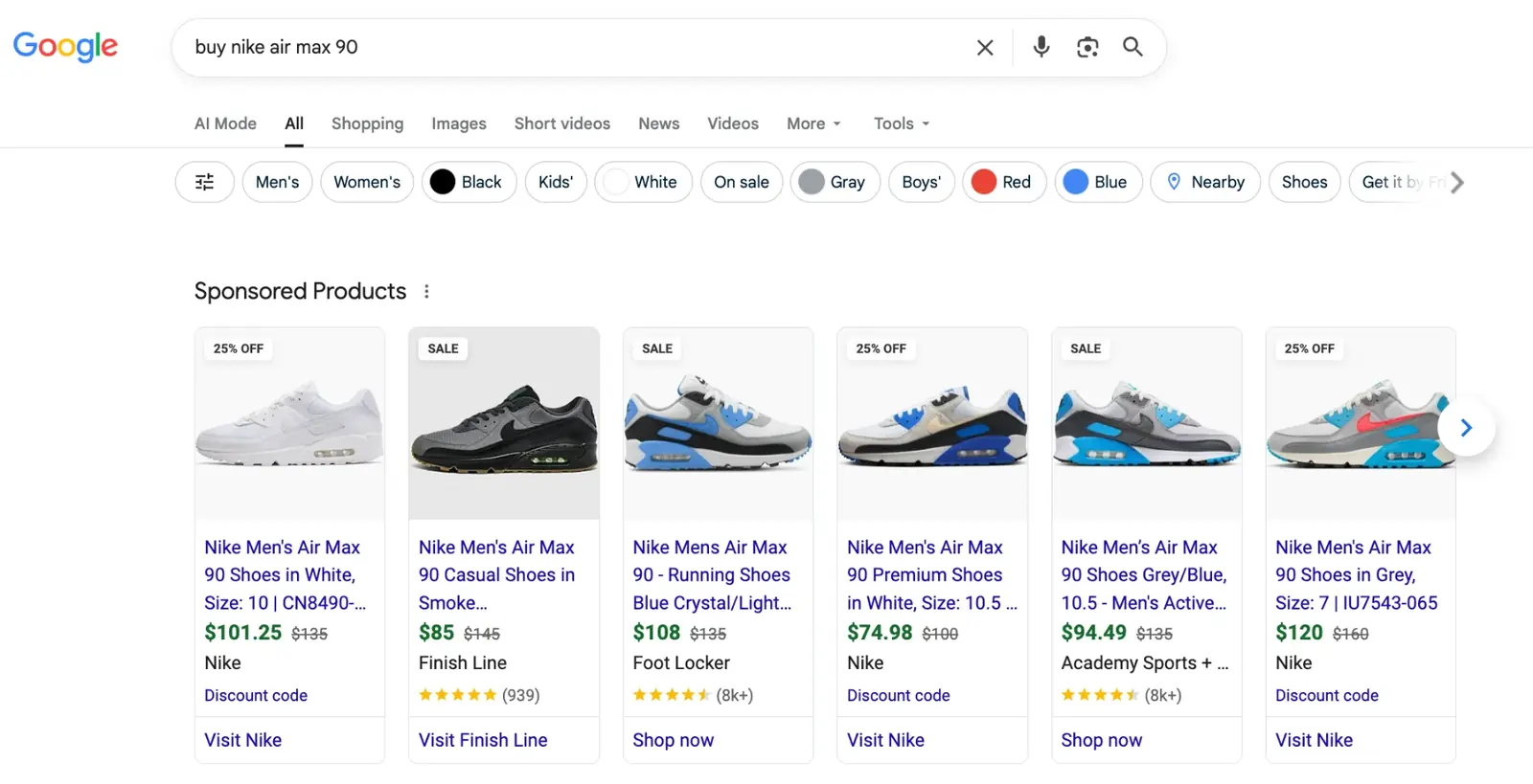 Example of Google Shopping ads in search results