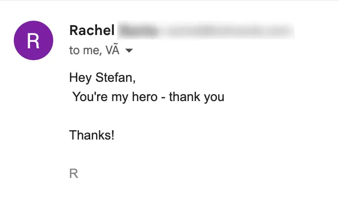Email testimonial from Rachel: account rebuilt and GMC fixed after month one