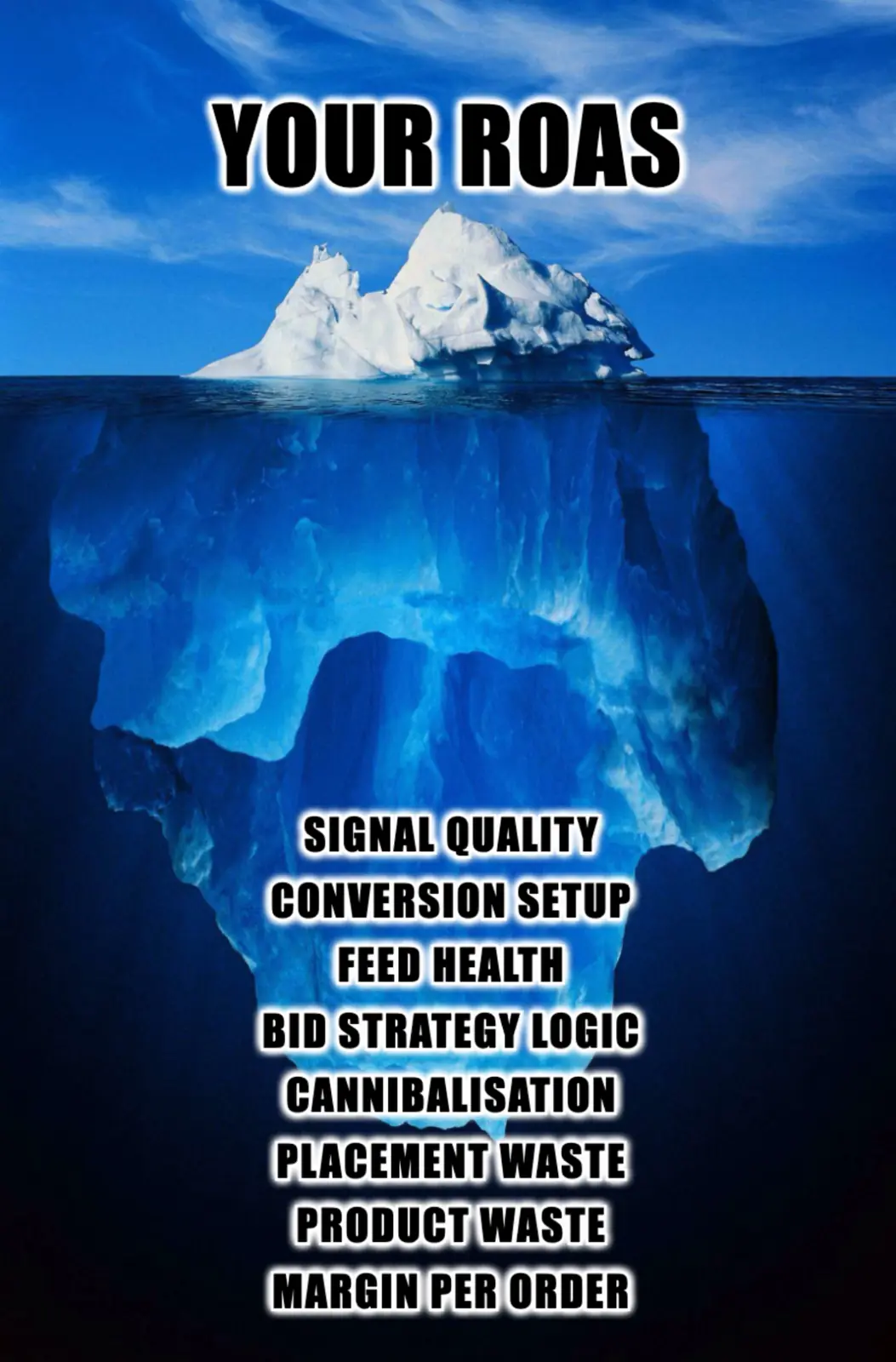 Meme: an iceberg, ROAS on top, signal quality, feed health and margin per order underneath