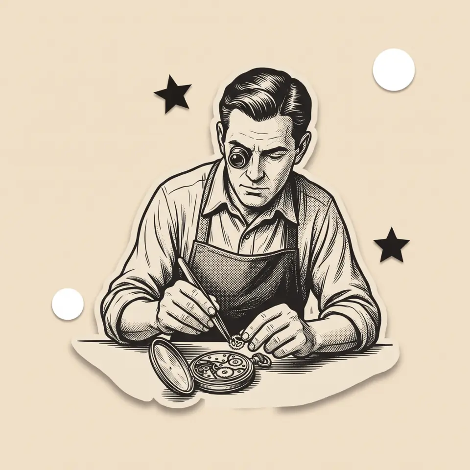 Illustration of a watchmaker working with precision on a pocket watch mechanism