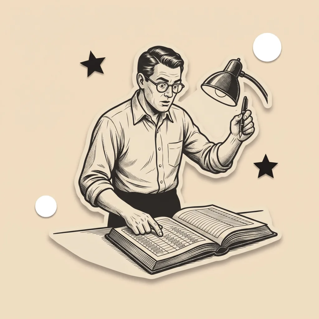 Illustration: a man checking a ledger line by line under a lamp