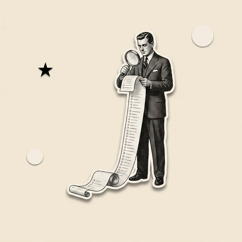 Illustration: a man reading a long receipt through a magnifying glass