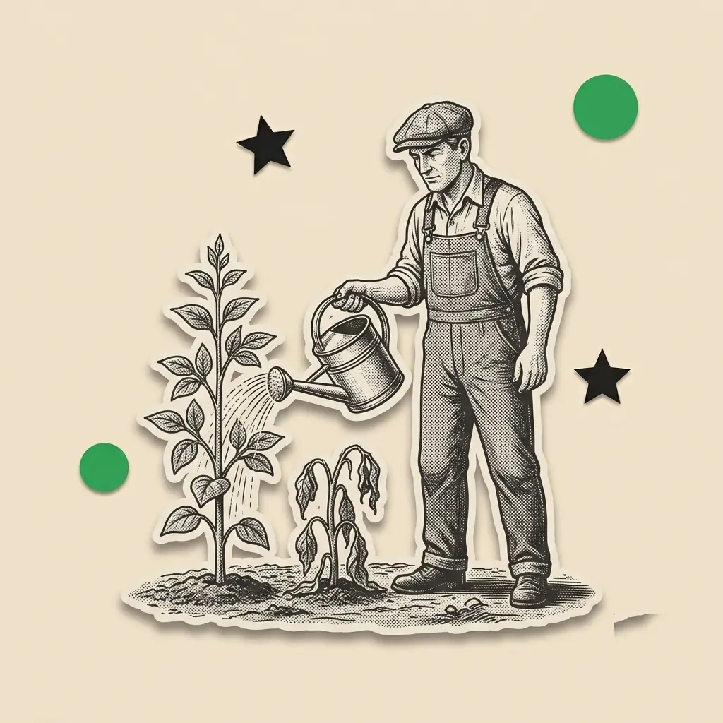 Ilustracija: baštovan zaliva biljku koja raste, pored uvenule